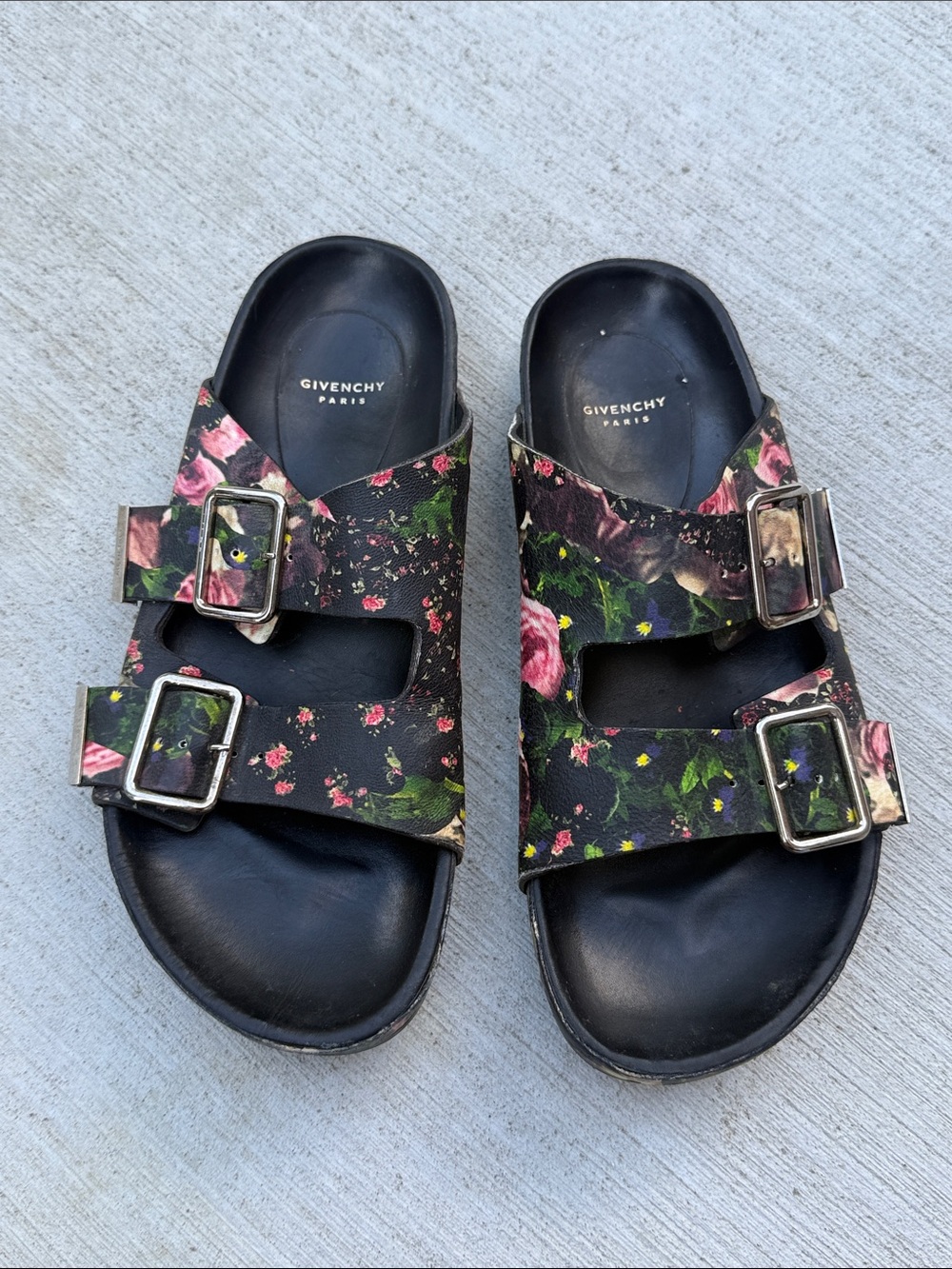 Givenchy Floral Double Buckle Leather Slides Made In Italy Size 37